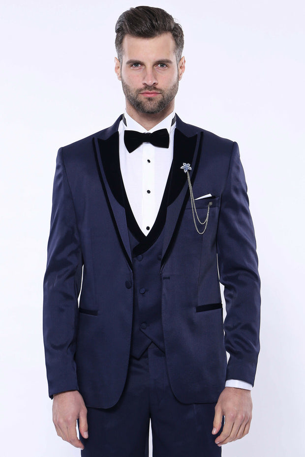 Patterned Velvet Lapel Navy Tuxedo | Wessi 3 Piece Suits, 3-piece-suit, 34, 36, 38, 40, 42, 44, 46, 48, Blue, Double Breasted, Navy, navy-blue, Party, Peak, Peak Lapel, Suit, Wedding Suit3 Pi