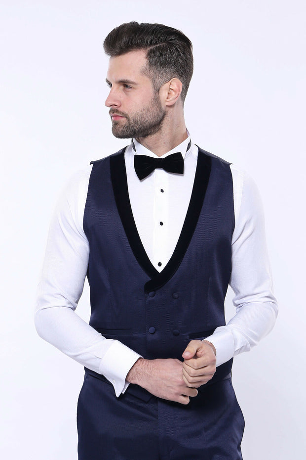 Patterned Velvet Lapel Navy Tuxedo | Wessi 3 Piece Suits, 3-piece-suit, 34, 36, 38, 40, 42, 44, 46, 48, Blue, Double Breasted, Navy, navy-blue, Party, Peak, Peak Lapel, Suit, Wedding Suit3 Pi