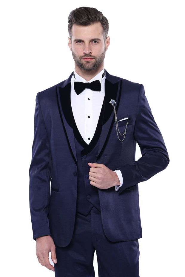 Patterned Velvet Lapel Navy Tuxedo | Wessi 3 Piece Suits, 3-piece-suit, 34, 36, 38, 40, 42, 44, 46, 48, Blue, Double Breasted, Navy, navy-blue, Party, Peak, Peak Lapel, Suit, Wedding Suit3 Pi