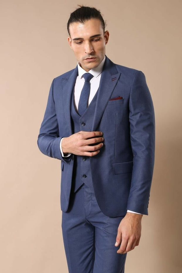 Peak Collar Blue Suit with Vest | Wessi 3-piece-suit, 40, 42, Blue, Double Breasted, Modern Fit, Navy, Navy Blue, Peak, Peak Lapel, Slim Fit, Slim Fit Suit, Suit OutletSuit - wessi