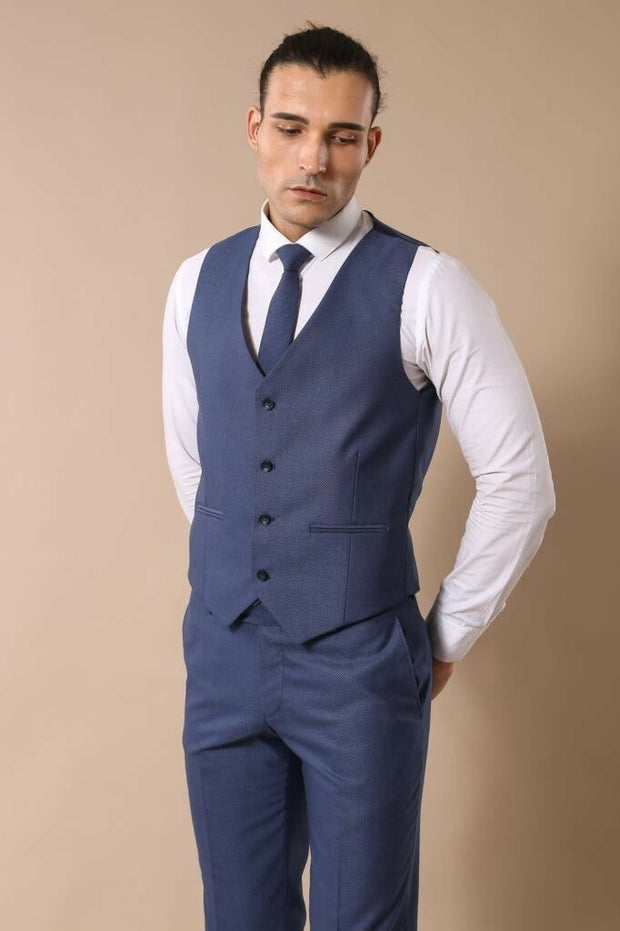 Peak Collar Blue Suit with Vest | Wessi 3-piece-suit, 40, 42, Blue, Double Breasted, Modern Fit, Navy, Navy Blue, Peak, Peak Lapel, Slim Fit, Slim Fit Suit, Suit OutletSuit - wessi