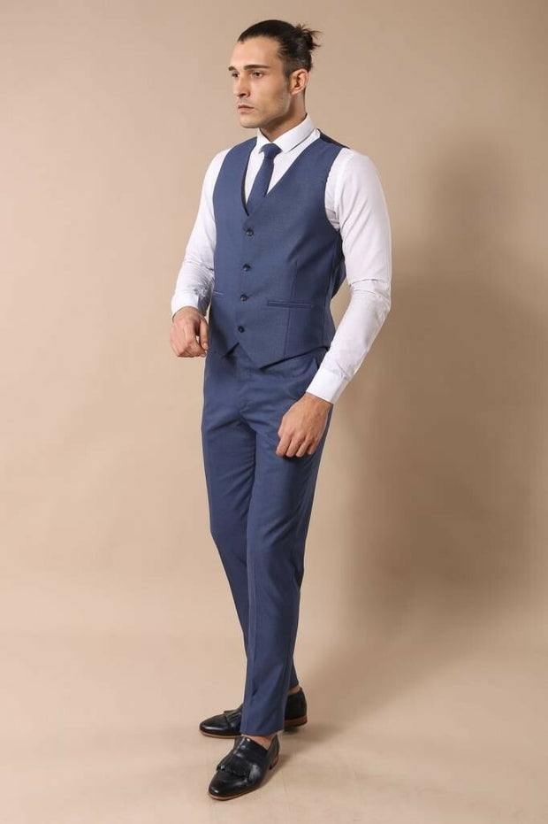 Peak Collar Blue Suit with Vest | Wessi 3-piece-suit, 40, 42, Blue, Double Breasted, Modern Fit, Navy, Navy Blue, Peak, Peak Lapel, Slim Fit, Slim Fit Suit, Suit OutletSuit - wessi