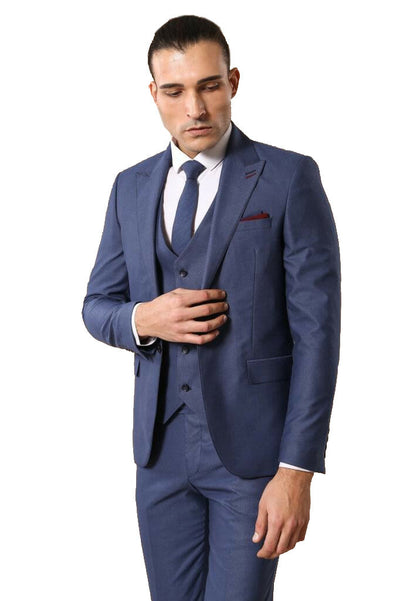 Peak Collar Blue Suit with Vest | Wessi 3-piece-suit, 40, 42, Blue, Double Breasted, Modern Fit, Navy, Navy Blue, Peak, Peak Lapel, Slim Fit, Slim Fit Suit, Suit OutletSuit - wessi