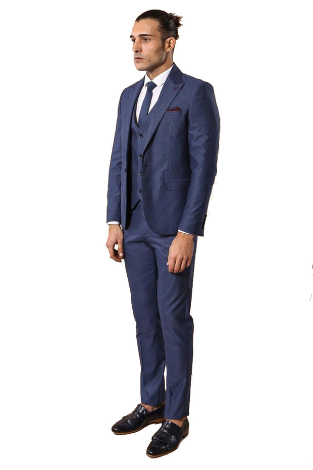 Peak Collar Blue Suit with Vest | Wessi 3-piece-suit, 40, 42, Blue, Double Breasted, Modern Fit, Navy, Navy Blue, Peak, Peak Lapel, Slim Fit, Slim Fit Suit, Suit OutletSuit - wessi