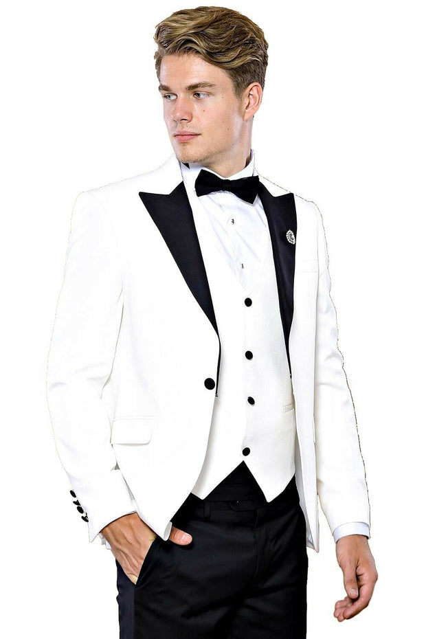 Peak Lapel 3 Piece White Tuxedo | Wessi 3-piece-suit, 38, 40, 42, 44, 46, Modern Fit, Party, Peak, Peak Lapel, Slim Fit, Slim Fit Suit, Suit, Wedding, white SuitSlim Fit Suit - wessi