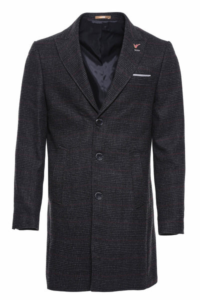 Peak Lapel Checked Dark Grey Long Coat 3-piece-suit, 36, 38, 40, 42, 44, 46, 6 Drop, Checked, Coat, Grey, Italian Suit, Kaban, Modern Fit, Outwear, Peak, Peak Lapel, Plaid, Slim Fit, Slim Fit