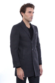 Peak Lapel Checked Dark Grey Long Coat 3-piece-suit, 36, 38, 40, 42, 44, 46, 6 Drop, Checked, Coat, Grey, Italian Suit, Kaban, Modern Fit, Outwear, Peak, Peak Lapel, Plaid, Slim Fit, Slim Fit