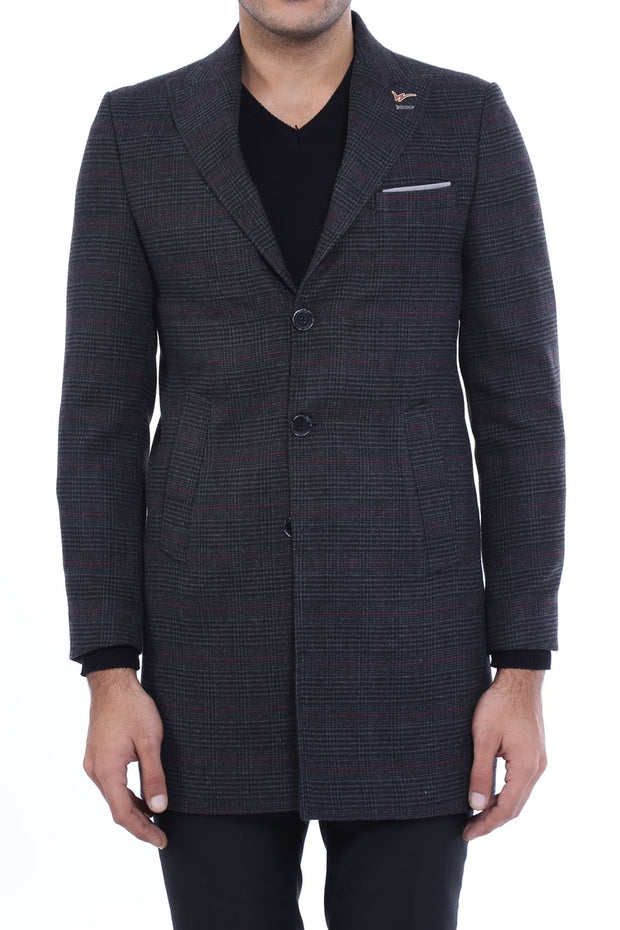 Peak Lapel Checked Dark Grey Long Coat 3-piece-suit, 36, 38, 40, 42, 44, 46, 6 Drop, Checked, Coat, Grey, Italian Suit, Kaban, Modern Fit, Outwear, Peak, Peak Lapel, Plaid, Slim Fit, Slim Fit