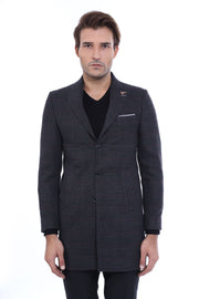 Peak Lapel Checked Dark Grey Long Coat 3-piece-suit, 36, 38, 40, 42, 44, 46, 6 Drop, Checked, Coat, Grey, Italian Suit, Kaban, Modern Fit, Outwear, Peak, Peak Lapel, Plaid, Slim Fit, Slim Fit