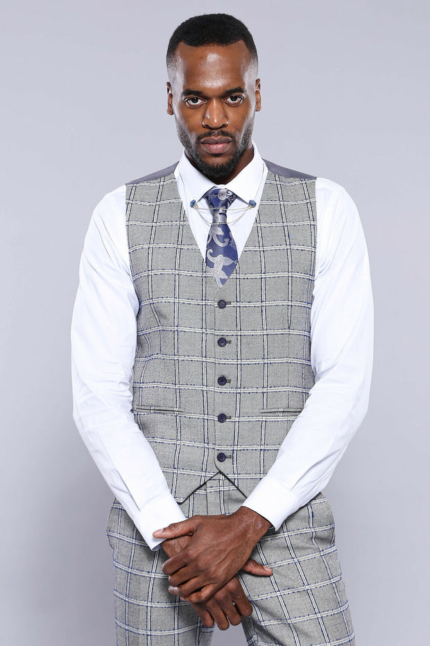 Plaid Grey Blue Vest | Wessi 3-piece-suit, 36, 38, 40, 42, 46, 48, Checked, Modern Fit, Plaid, Slim Fit, Vest Vest - wessi