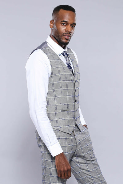 Plaid Grey Blue Vest | Wessi 3-piece-suit, 36, 38, 40, 42, 46, 48, Checked, Modern Fit, Plaid, Slim Fit, Vest Vest - wessi