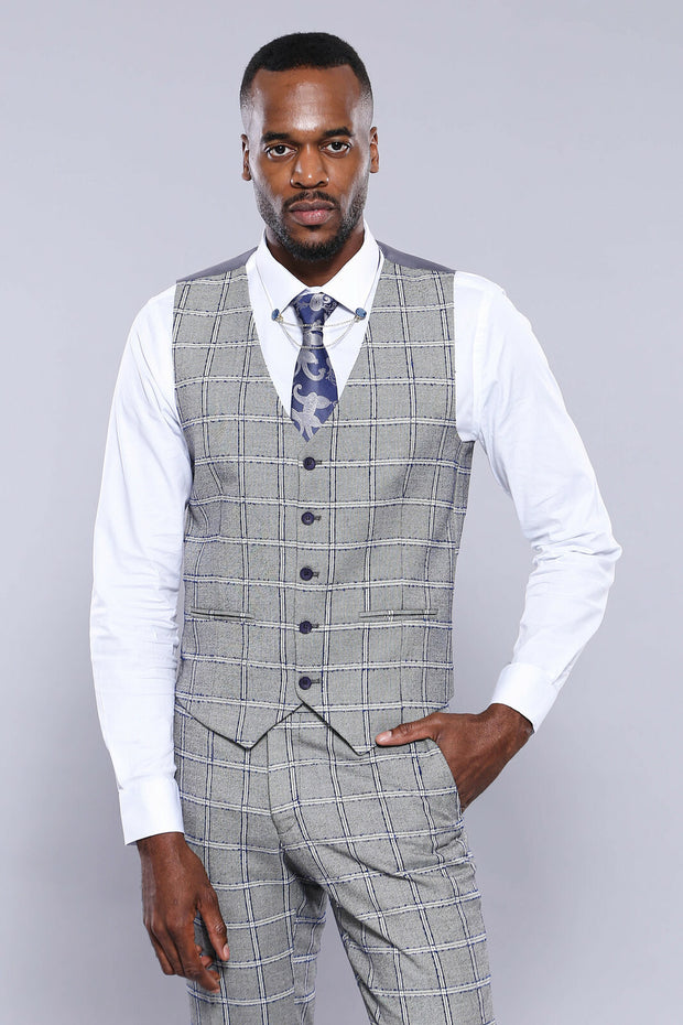 Plaid Grey Blue Vest | Wessi 3-piece-suit, 36, 38, 40, 42, 46, 48, Checked, Modern Fit, Plaid, Slim Fit, Vest Vest - wessi