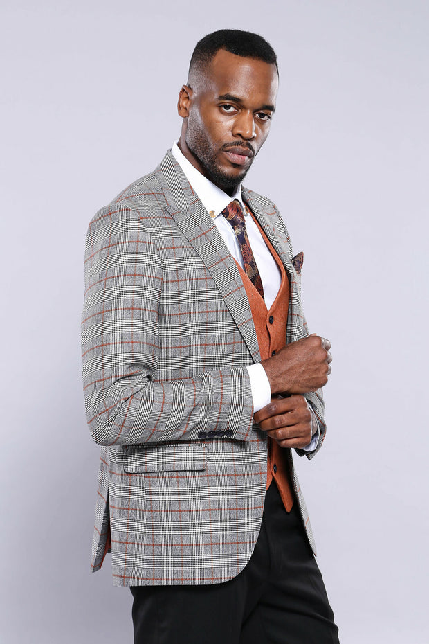 Checked Grey Orange Combined Suit | Wessi 3 Piece Suits, 3-piece-suit, 36, 38, 40, 42, 44, 46, Checked, Combined, Combined Suit, mens-suit, mens-suit_obsolete, Peak, Peak Lapel, Plaid, Suit S