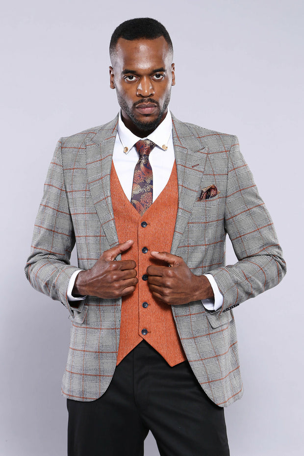 Checked Grey Orange Combined Suit | Wessi 3 Piece Suits, 3-piece-suit, 36, 38, 40, 42, 44, 46, Checked, Combined, Combined Suit, mens-suit, mens-suit_obsolete, Peak, Peak Lapel, Plaid, Suit S