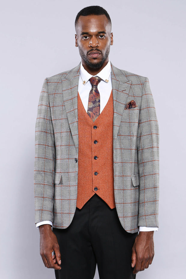 Checked Grey Orange Combined Suit | Wessi 3 Piece Suits, 3-piece-suit, 36, 38, 40, 42, 44, 46, Checked, Combined, Combined Suit, mens-suit, mens-suit_obsolete, Peak, Peak Lapel, Plaid, Suit S