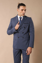 Plaid Navy Blue Men's Double Breasted Suit | Wessi 3-piece-suit, 36, 40, 42, 44, Blue, Checked, Daily, Double Breasted, mens-suit_obsolete, Modern Fit, Navy, Navy Blue, Navy Blue Suit, Peak, 