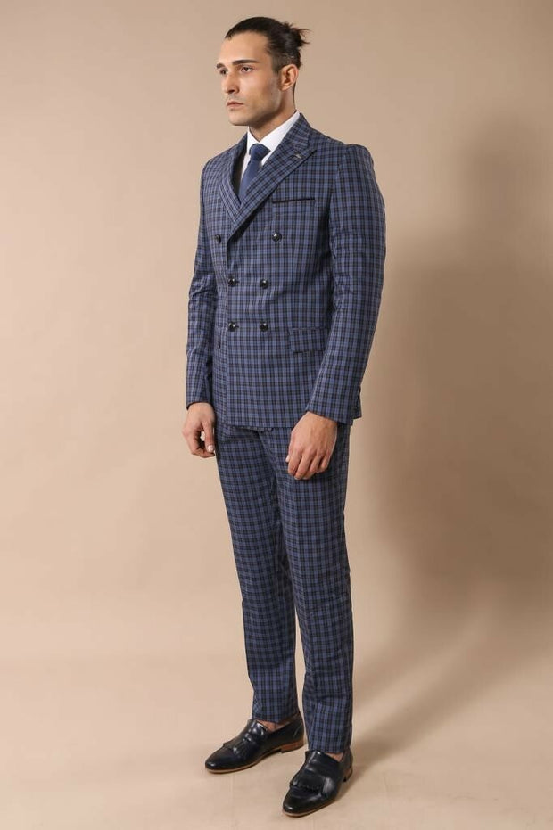 Plaid Navy Blue Men's Double Breasted Suit | Wessi 3-piece-suit, 36, 40, 42, 44, Blue, Checked, Daily, Double Breasted, mens-suit_obsolete, Modern Fit, Navy, Navy Blue, Navy Blue Suit, Peak, 