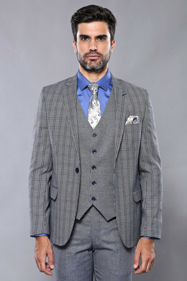 Plaid Navy Slim-Fit Vested Suit | Wessi 3-piece-suit, 36, 38, 40, 42, Blue, mens-suit_obsolete, Modern Fit, Navy, navy-blue, Peak, Peak Lapel, Slim Fit, Slim Fit Suit, Suit SuitSlim Fit Suit 