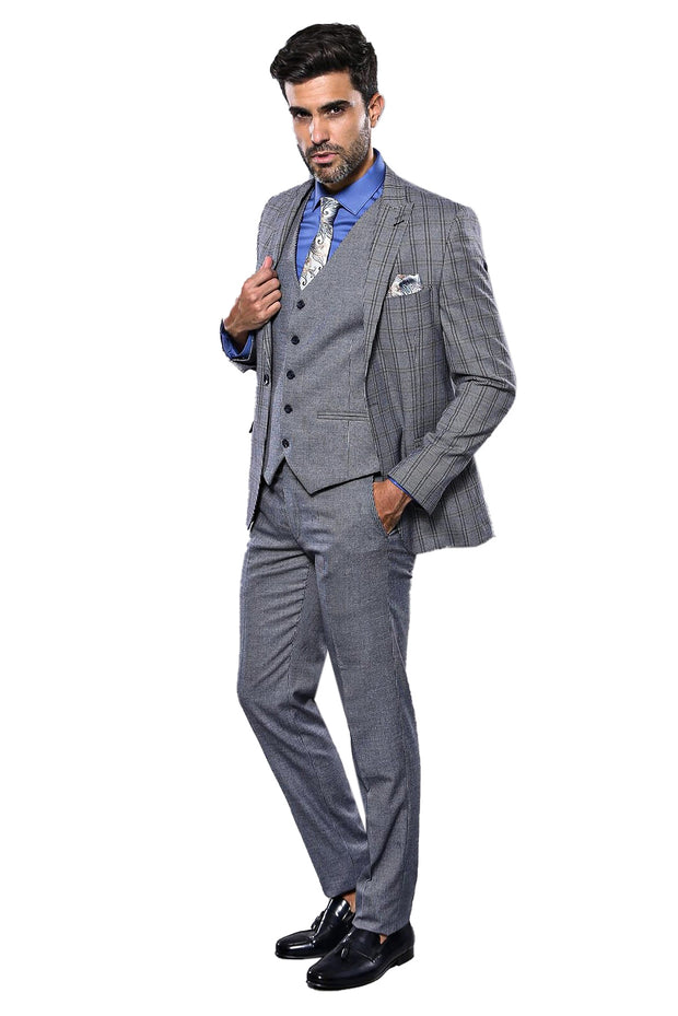 Plaid Navy Slim-Fit Vested Suit | Wessi 3-piece-suit, 36, 38, 40, 42, Blue, mens-suit_obsolete, Modern Fit, Navy, navy-blue, Peak, Peak Lapel, Slim Fit, Slim Fit Suit, Suit SuitSlim Fit Suit 