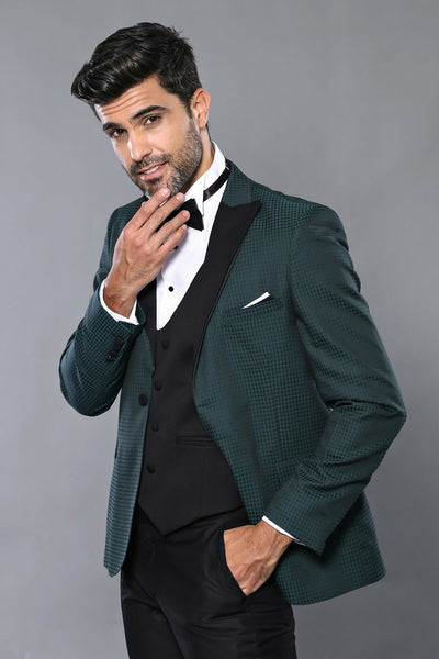 Plaid Patterned Green Tuxedo | Wessi 3-piece-suit, 34, 36, 38, 40, 42, 44, 46, Modern Fit, Party, Peak, Peak Lapel, Slim Fit, Slim Fit Suit, Suit, Wedding SuitSlim Fit Suit - wessi