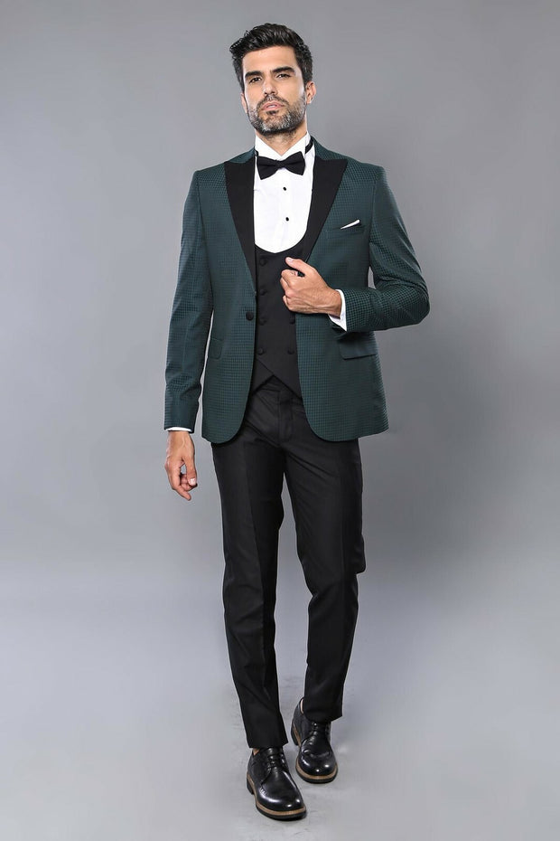 Plaid Patterned Green Tuxedo | Wessi 3-piece-suit, 34, 36, 38, 40, 42, 44, 46, Modern Fit, Party, Peak, Peak Lapel, Slim Fit, Slim Fit Suit, Suit, Wedding SuitSlim Fit Suit - wessi