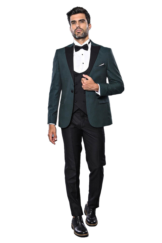 Plaid Patterned Green Tuxedo | Wessi 3-piece-suit, 34, 36, 38, 40, 42, 44, 46, Modern Fit, Party, Peak, Peak Lapel, Slim Fit, Slim Fit Suit, Suit, Wedding SuitSlim Fit Suit - wessi