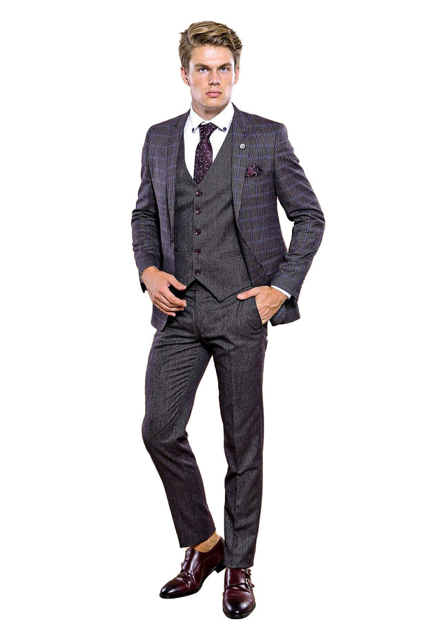 Plaid Slim Fit Vested Men's Suit | Wessi 3-piece-suit, 38, 40, 46, mens-suit_obsolete, Modern Fit, Peak, Peak Lapel, Plaid Suit, Slim Fit, Suit SuitPlaid Suit - wessi