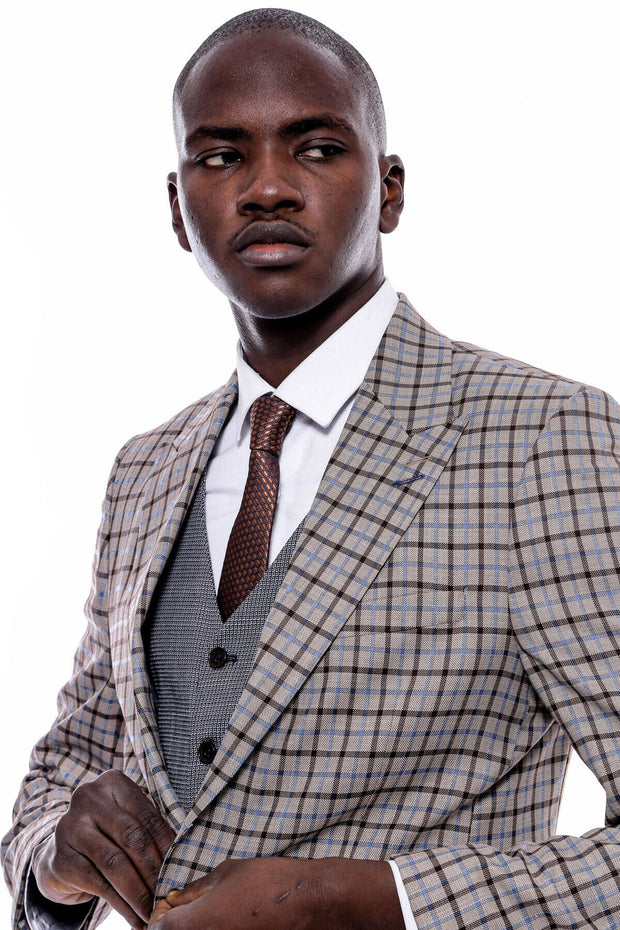 Plaid Vested Beige Suit $150 - $200, 3-piece-suit, 36, 38, 40, 42, 44, 46, 48, 6 Drop, Beige, Brown, Casual, Checked, Combined, Combined Suit, Daily, Grey, Italian, Italian Suit, Light Brown,