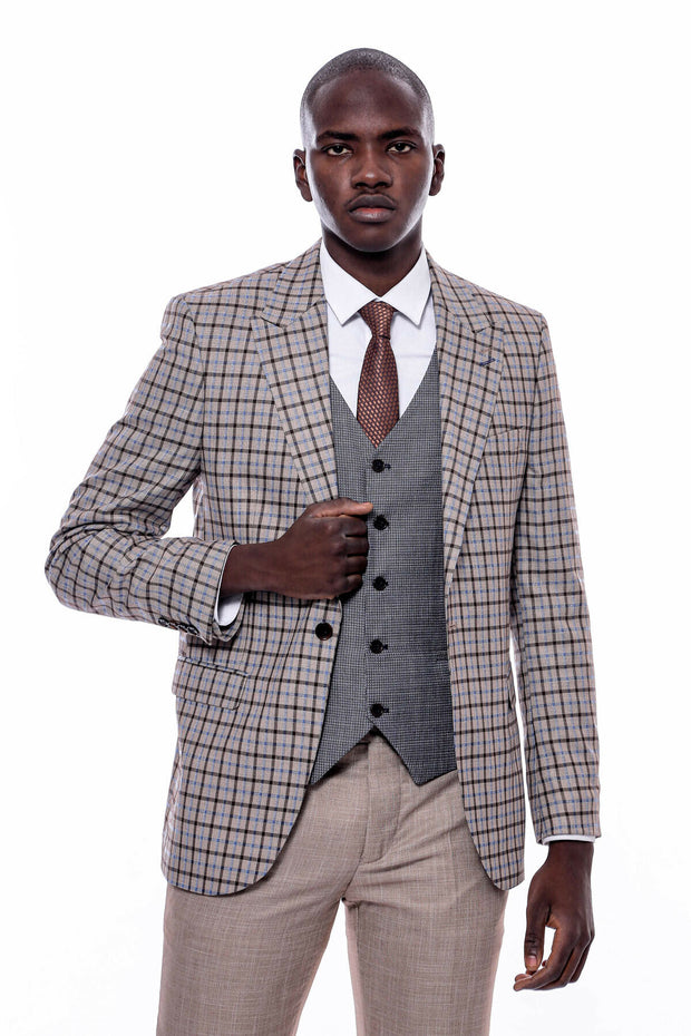 Plaid Vested Beige Suit $150 - $200, 3-piece-suit, 36, 38, 40, 42, 44, 46, 48, 6 Drop, Beige, Brown, Casual, Checked, Combined, Combined Suit, Daily, Grey, Italian, Italian Suit, Light Brown,