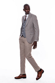 Plaid Vested Beige Suit $150 - $200, 3-piece-suit, 36, 38, 40, 42, 44, 46, 48, 6 Drop, Beige, Brown, Casual, Checked, Combined, Combined Suit, Daily, Grey, Italian, Italian Suit, Light Brown,