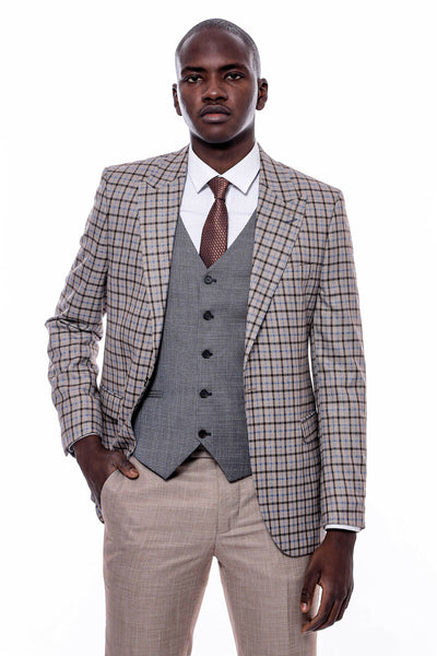 Plaid Vested Beige Suit $150 - $200, 3-piece-suit, 36, 38, 40, 42, 44, 46, 48, 6 Drop, Beige, Brown, Casual, Checked, Combined, Combined Suit, Daily, Grey, Italian, Italian Suit, Light Brown,