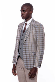 Plaid Vested Beige Suit $150 - $200, 3-piece-suit, 36, 38, 40, 42, 44, 46, 48, 6 Drop, Beige, Brown, Casual, Checked, Combined, Combined Suit, Daily, Grey, Italian, Italian Suit, Light Brown,