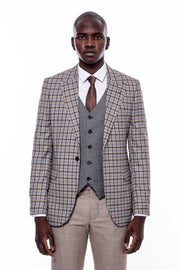 Plaid Vested Beige Suit $150 - $200, 3-piece-suit, 36, 38, 40, 42, 44, 46, 48, 6 Drop, Beige, Brown, Casual, Checked, Combined, Combined Suit, Daily, Grey, Italian, Italian Suit, Light Brown,