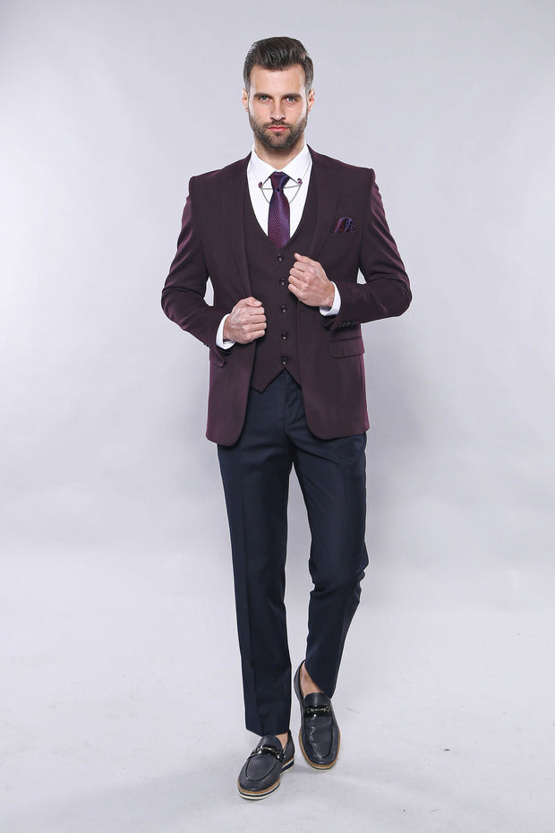 Plain Burgundy Vest Blazer Set | Wessi 3-piece-suit, 36, 38, 40, 42, 44, 46, 48, Men's Blazers, Modern Fit, Peak, Peak Lapel, Slim Fit, Slim Fit Blazers Men's BlazersSlim Fit Blazers - wessi