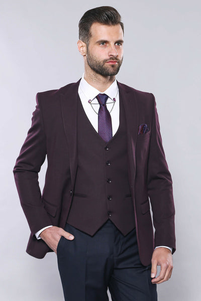 Plain Burgundy Vest Blazer Set | Wessi 3-piece-suit, 36, 38, 40, 42, 44, 46, 48, Men's Blazers, Modern Fit, Peak, Peak Lapel, Slim Fit, Slim Fit Blazers Men's BlazersSlim Fit Blazers - wessi