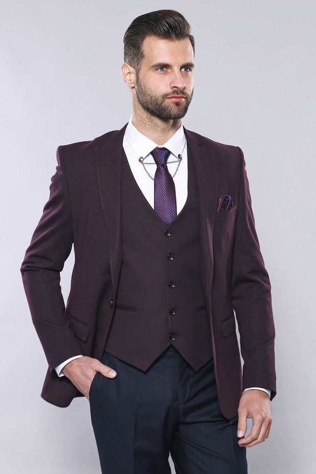 Plain Burgundy Vest Blazer Set | Wessi 3-piece-suit, 36, 38, 40, 42, 44, 46, 48, Men's Blazers, Modern Fit, Peak, Peak Lapel, Slim Fit, Slim Fit Blazers Men's BlazersSlim Fit Blazers - wessi