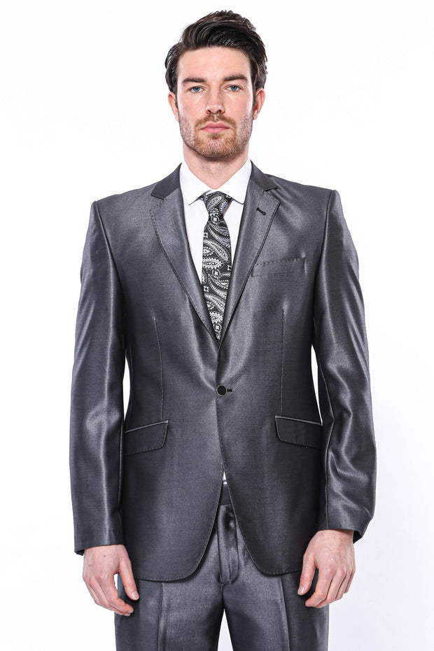 Plain Shiny Dark Grey 2-Piece Suit 3-piece-suit, 34, 36, 38, 40, 42, 44, 6 Drop, Italian, Modern Fit, Notch, Party, Plain, Shiny, Slim Fit, Slim Fit Suit, Suit OutletSuit - wessi