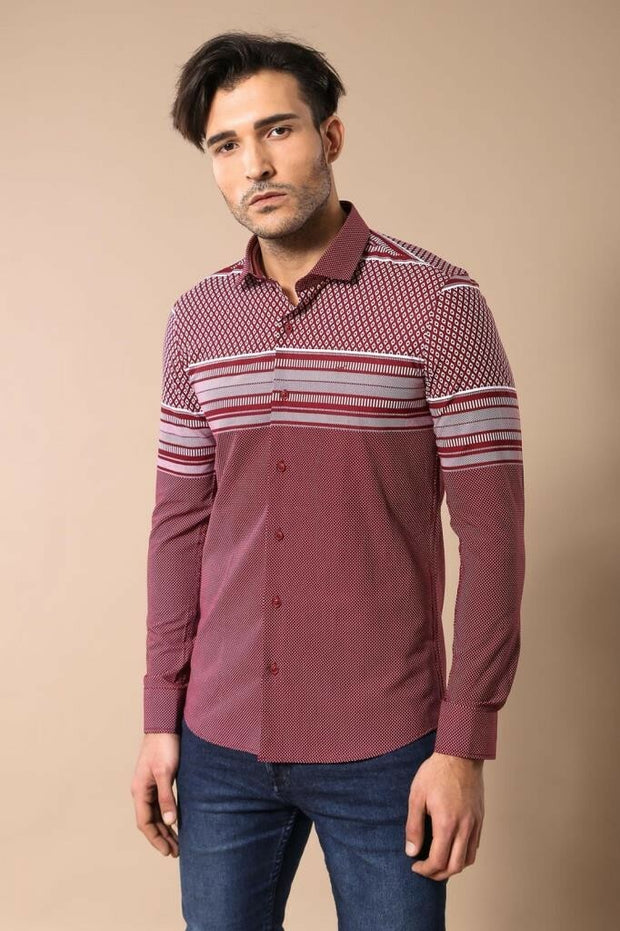 Printed Cotton Burgundy Shirt 3-piece-suit, Casual, Casual Shirt, Daily, Italian, Modern Fit, Patterned, Shirt, Slim Fit ShirtCasual Shirt - wessi