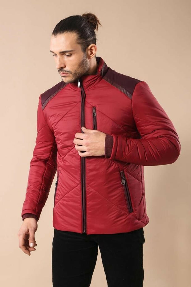 Red Quilted Down Coat $100 - $150, 36, 38, 40, 42, 44, 46, Cachet, Casual, Claret Red, Jackets, Mandarin Collar, Modern Fit, Outwear, Puffer Coats, Quilted, Quilted Jackets, Slim Fit, Zippere