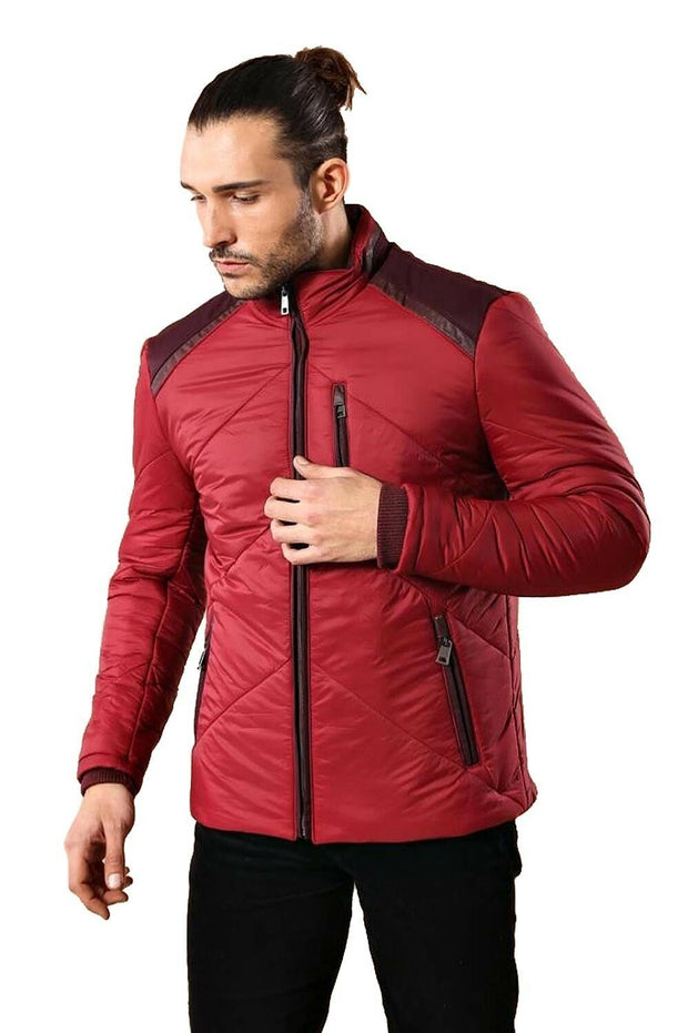 Red Quilted Down Coat $100 - $150, 36, 38, 40, 42, 44, 46, Cachet, Casual, Claret Red, Jackets, Mandarin Collar, Modern Fit, Outwear, Puffer Coats, Quilted, Quilted Jackets, Slim Fit, Zippere