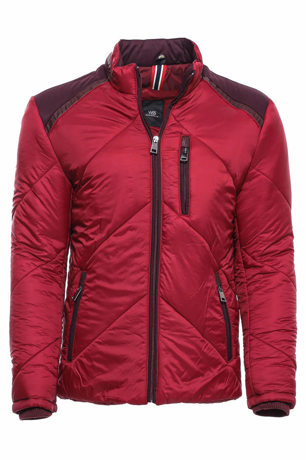 Red Quilted Down Coat $100 - $150, 36, 38, 40, 42, 44, 46, Cachet, Casual, Claret Red, Jackets, Mandarin Collar, Modern Fit, Outwear, Puffer Coats, Quilted, Quilted Jackets, Slim Fit, Zippere