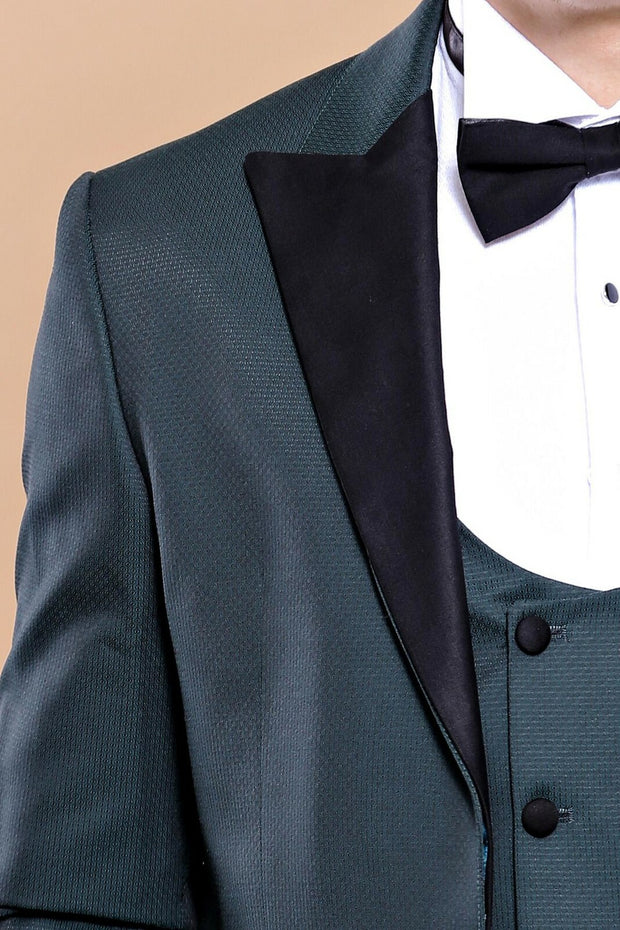 Removable Collar Dark Green Vested Tuxedo | Wessi 3-piece-suit, 34, 36, 38, 40, 42, 44, Modern Fit, Party, Peak, Peak Lapel, Slim Fit, Slim Fit Suit, Suit, Wedding SuitSlim Fit Suit - wessi