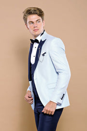 Removable Lapel Vested Baby Blue Tuxedo | Wessi $150 - $200, 3-piece-suit, 36, 40, 42, 44, 46, Blue, Detachable, Detachable Lapel, Double Breasted, Modern Fit, Navy, Navy Blue, Party, Pattern