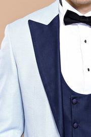 Removable Lapel Vested Baby Blue Tuxedo | Wessi $150 - $200, 3-piece-suit, 36, 40, 42, 44, 46, Blue, Detachable, Detachable Lapel, Double Breasted, Modern Fit, Navy, Navy Blue, Party, Pattern