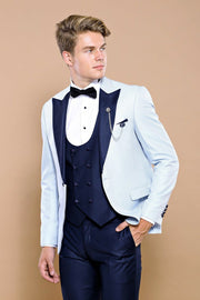 Removable Lapel Vested Baby Blue Tuxedo | Wessi $150 - $200, 3-piece-suit, 36, 40, 42, 44, 46, Blue, Detachable, Detachable Lapel, Double Breasted, Modern Fit, Navy, Navy Blue, Party, Pattern