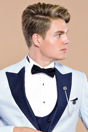 Removable Lapel Vested Baby Blue Tuxedo | Wessi $150 - $200, 3-piece-suit, 36, 40, 42, 44, 46, Blue, Detachable, Detachable Lapel, Double Breasted, Modern Fit, Navy, Navy Blue, Party, Pattern