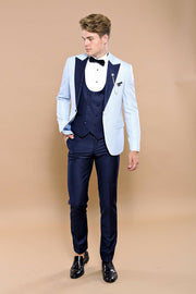 Removable Lapel Vested Baby Blue Tuxedo | Wessi $150 - $200, 3-piece-suit, 36, 40, 42, 44, 46, Blue, Detachable, Detachable Lapel, Double Breasted, Modern Fit, Navy, Navy Blue, Party, Pattern