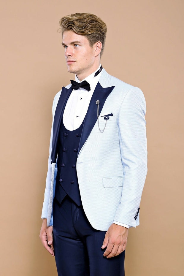 Removable Lapel Vested Baby Blue Tuxedo | Wessi $150 - $200, 3-piece-suit, 36, 40, 42, 44, 46, Blue, Detachable, Detachable Lapel, Double Breasted, Modern Fit, Navy, Navy Blue, Party, Pattern