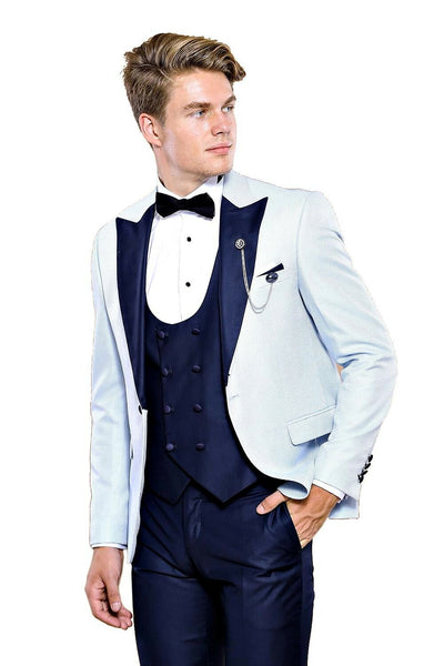 Removable Lapel Vested Baby Blue Tuxedo | Wessi $150 - $200, 3-piece-suit, 36, 40, 42, 44, 46, Blue, Detachable, Detachable Lapel, Double Breasted, Modern Fit, Navy, Navy Blue, Party, Pattern