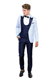 Removable Lapel Vested Baby Blue Tuxedo | Wessi $150 - $200, 3-piece-suit, 36, 40, 42, 44, 46, Blue, Detachable, Detachable Lapel, Double Breasted, Modern Fit, Navy, Navy Blue, Party, Pattern